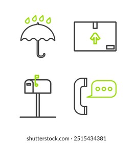 Telefonnummer mit Sprechblasen-Chat, Postfach öffnen, Verkehrssymbol aus Karton und Regenschirm und Regentropfen-Symbol. Vektorgrafik