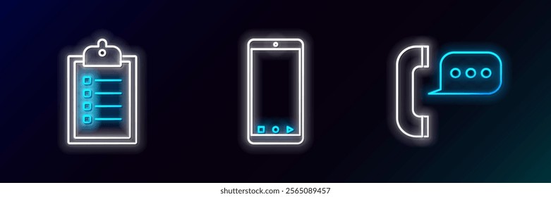 Set line Telephone with speech bubble chat, Verification of delivery list clipboard and Mobile app tracking icon. Glowing neon. Vector