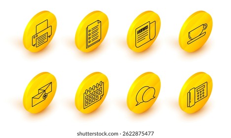 Set line Telephone, Speech bubble chat, Calendar, Envelope, Coffee cup flat, News, File document and Printer icon. Vector