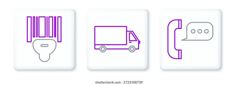 Set line Telephone with speech bubble chat, Scanner scanning bar code and Delivery cargo truck vehicle icon. Vector