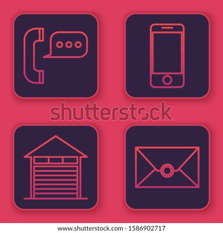 Set line Telephone with speech bubble chat , Closed warehouse , Mobile phone with app delivery tracking and Envelope . Blue square button. Vector