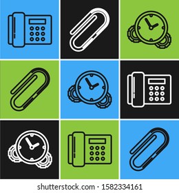 Set line Telephone, Time Management and Paper clip icon. Vector