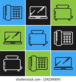 Set line Telephone , Toaster with toasts  and Laptop  icon. Vector