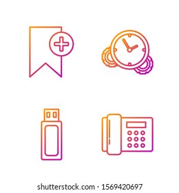 Set line Telephone, USB flash drive, Bookmark and Time Management. Gradient color icons. Vector