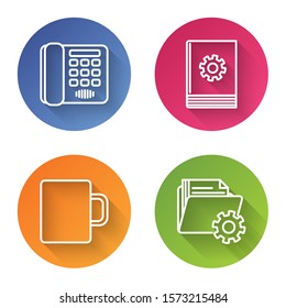 Set line Telephone, User manual, Coffee cup and Folder settings with gears. Color circle button. Vector