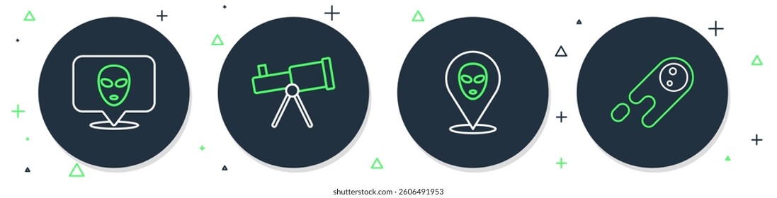 Set line Telescope, Alien,  and Comet falling down fast icon. Vector