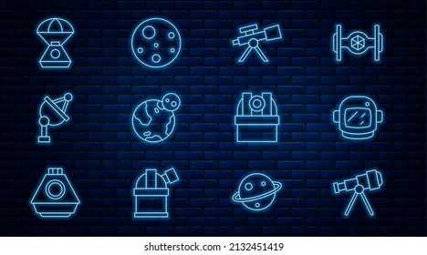 Set line Telescope, Astronaut helmet, Earth globe, Satellite dish, Space capsule, Astronomical observatory and Planet Mars icon. Vector