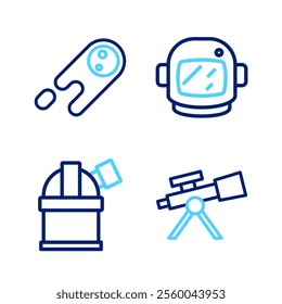 Set line Telescope, Astronomical observatory, Astronaut helmet and Comet falling down fast icon. Vector