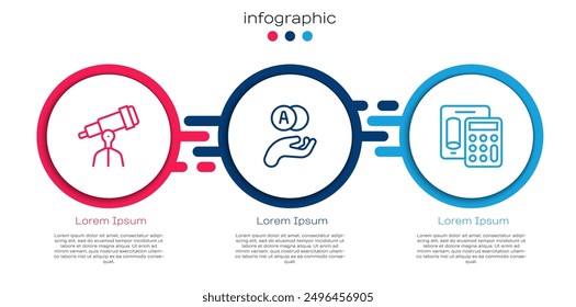 Establecer la línea del telescopio, el átomo y la calculadora. Plantilla de infografía de negocios. Vector