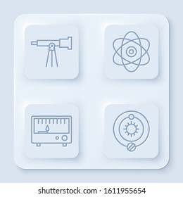 Set line Telescope, Atom, Electrical measuring instruments and Solar system. White square button. Vector