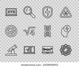 Set line Telescope, Atom, Secure shield with lightning, Square root of x glyph, XYZ Coordinate system, 4, Equation solution and Head and electric symbol icon. Vector