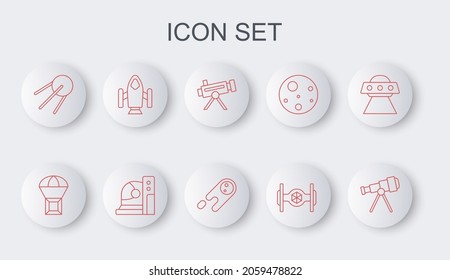 Set line Telescope, Box flying on parachute, Cosmic ship, Satellite, Rocket, Astronaut helmet and Comet falling down fast icon. Vector