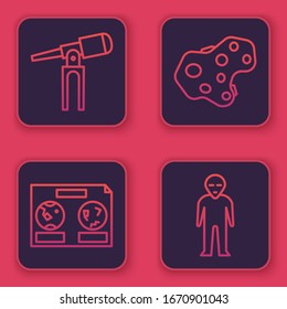 Set Line Telescope, Himmelskarte des Nachthimmels, Asteroid und Alien. Blauer Quadrat-Knopf. Vektorillustration