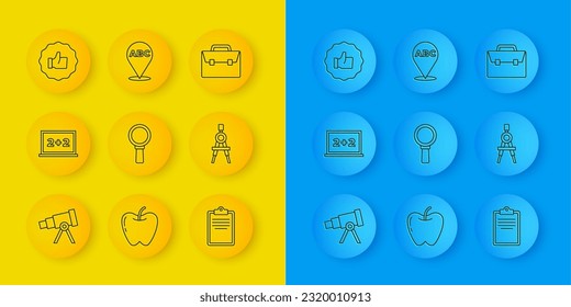 Set line Telescope, Chalkboard, Magnifying glass, Clipboard with checklist, Drawing compass, Hand thumb up, Briefcase and Alphabet icon. Vector