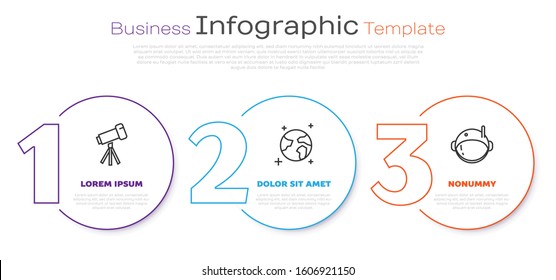 Set line Telescope, Earth globe and Astronaut helmet. Business infographic template. Vector