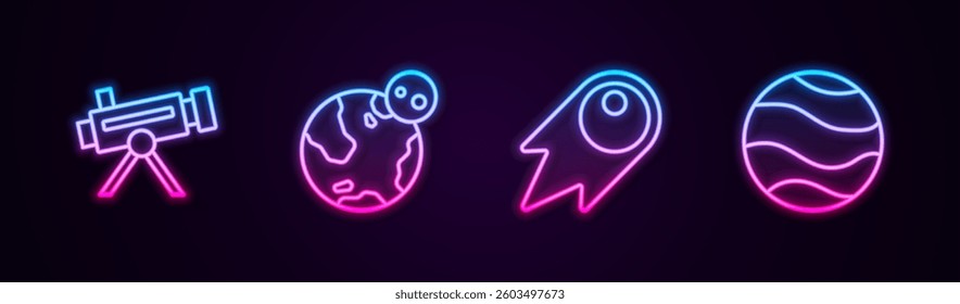 Set line Telescope, Earth globe, Comet falling down fast and Planet. Glowing neon icon. Vector