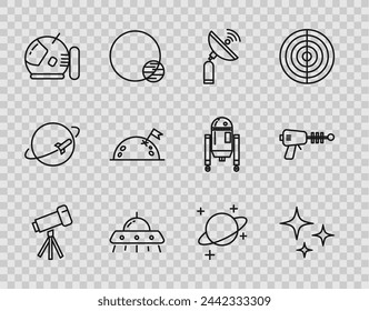 Set line Telescope, Falling star, Radar, UFO flying spaceship, Astronaut helmet, Planet with flag,  and Ray gun icon. Vector