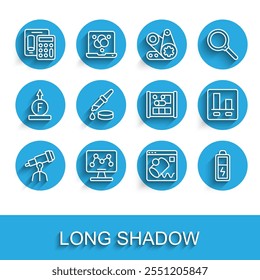 Set line Telescope, Genetic engineering, Calculator, Data visualisation, Battery, Pipette, Graph chart infographic and Graphing paper for icon. Vector