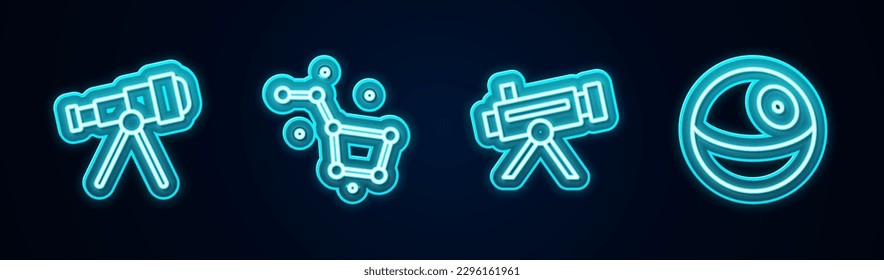 Establecer el telescopio de línea, la constelación de los Grandes Osos y el Planeta. Icono de neón brillante. Vector