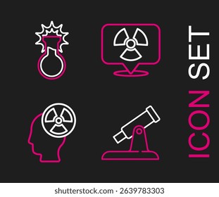 Set line Telescope, Head and radiation symbol, Radioactive in location and Test tube flask icon. Vector