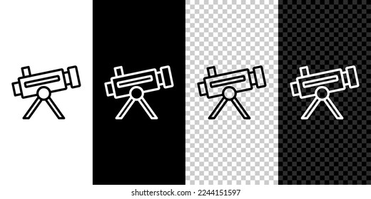 Ajuste el icono del telescopio de línea aislado en fondo transparente y negro y blanco. Herramienta científica. Elemento educativo y astronómico, vidrio espía y estrellas de estudio.  Vector