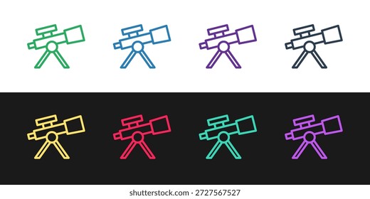 Set line Telescope Symbol einzeln auf schwarz-weißem Hintergrund. Wissenschaftliches Instrument. Bildung und Astronomie Element, spyglass und Studie Sterne.  Vektorgrafik