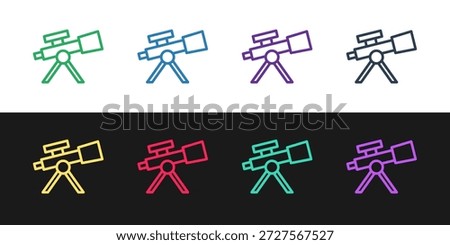 Set line Telescope icon isolated on black and white background. Scientific tool. Education and astronomy element, spyglass and study stars.  Vector