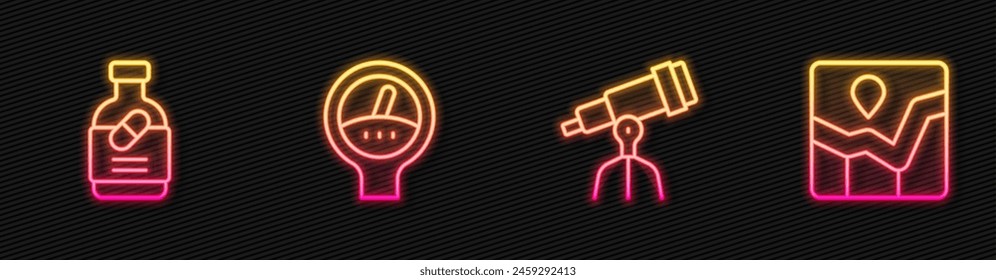 Set line Telescope, Medicine bottle and pills, Gauge scale and Graph chart infographic. Glowing neon icon. Vector