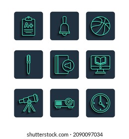 Set line Telescope, Movie, film, media projector, Clock, Basketball ball, Audio book, Pen, Exam sheet with plus grade and Online class icon. Vector