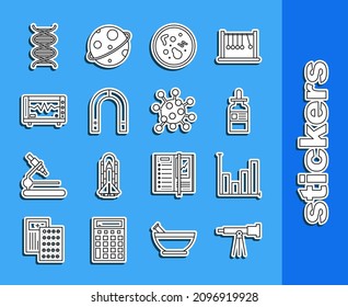 Set line Telescope, Pie chart infographic, Glass bottle with pipette, Bacteria, Magnet, Computer monitor cardiogram, DNA symbol and  icon. Vector