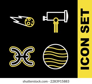 Set line Telescope, Planet Jupiter, Pisces zodiac and Comet falling down fast icon. Vector