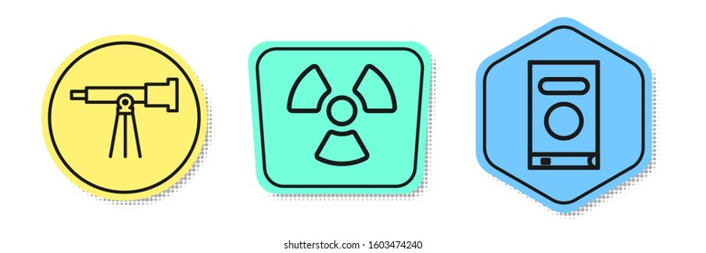 Set line Telescope, Radioactive and Book. Colored shapes. Vector