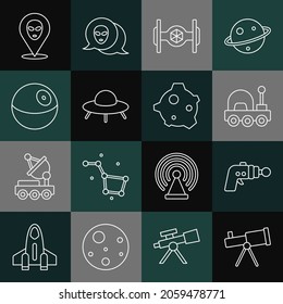 Set line Telescope, Ray gun, Mars rover, Cosmic ship, UFO flying spaceship, Planet, Alien and Asteroid icon. Vector