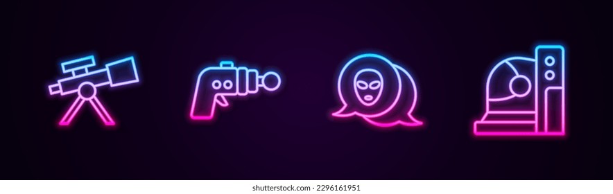 Fijar la línea Telescope, pistola Ray, casco Alien y Astronauta. Icono de neón brillante. Vector
