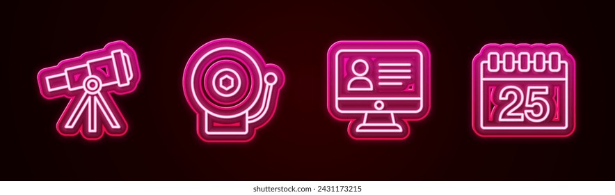 Set line Telescope, Ringing alarm bell, Online class and Calendar. Glowing neon icon. Vector