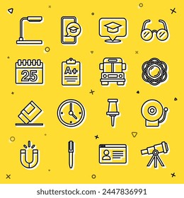Telescopio, timbre de alarma, átomo, burbuja de voz de la gorra de graduación, hoja de examen con nota extra, calendario, lámpara de mesa e icono de autobús escolar. Vector