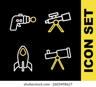 Set line Telescope, Rocket ship and Ray gun icon. Vector
