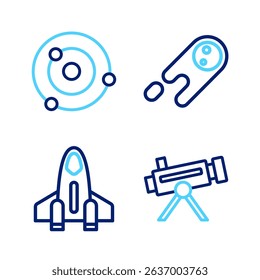 Set line Telescope, Rocket ship, Comet falling down fast and Solar system icon. Vector