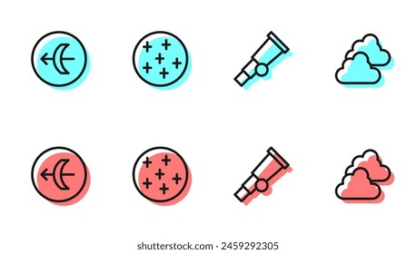 Set line Telescope, Sagittarius zodiac, Full moon and Cloudy weather icon. Vector