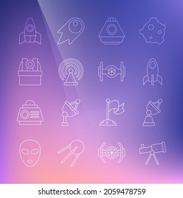 Set line Telescope, Satellite dish, Rocket ship, Space capsule, Radar, Astronomical observatory,  and Cosmic icon. Vector