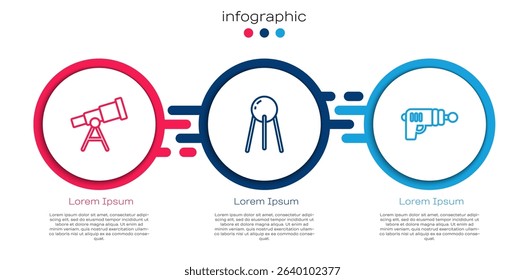 Set line Telescope, Satellite and Ray gun. Business infographic template. Vector