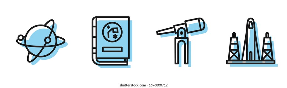 Teleskop, Satelliten, die den Planeten Erde umkreisen, Astronomie buchen und Raketenstart aus dem Raumschiff-Symbol. Vektorillustration