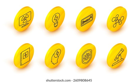 Set line Telescope, Shield protecting from virus, Head and electric symbol, Electrical panel, Molecule, Equation solution, Light bulb with lightning and Radioactive location icon. Vector