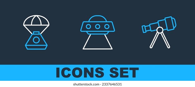 Set line Telescope, Space capsule and UFO flying spaceship icon. Vector