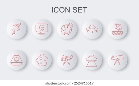 Set line Telescope, Space capsule, Earth globe, UFO flying spaceship, Satellite dish, Alien, Asteroid and  icon. Vector