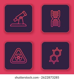 Set line Telescope, Triangle with radiation, DNA symbol and Chemical formula. Blue square button. Vector