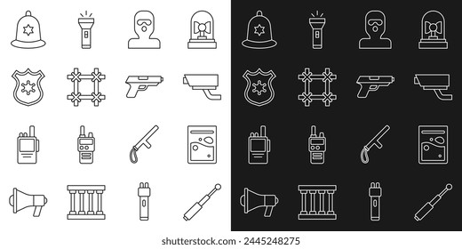 Línea de ajuste Porra telescópica, bolsa de plástico de droga, cámara de seguridad, máscara de ladrón, ventana de la prisión, placa de la policía, casco de la policía británica y pistola o icono de arma. Vector