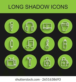 Set line Television, Hammer, Joystick for arcade machine, Paper shopping bag, Music note, tone, Fitness shaker and Feather and inkwell icon. Vector