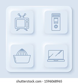 Set line Television, Remote control, Citrus fruit juicer  and Laptop . White square button. Vector
