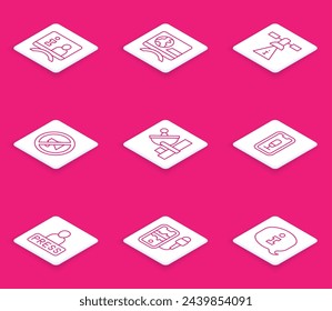 Informe de televisión, noticias de última hora, satélite, sello censurado, radar, grabación móvil, periodista e icono. Vector
